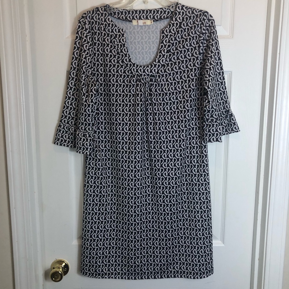 Aryeh Black and White Sheath Dress with Bell Sleeves